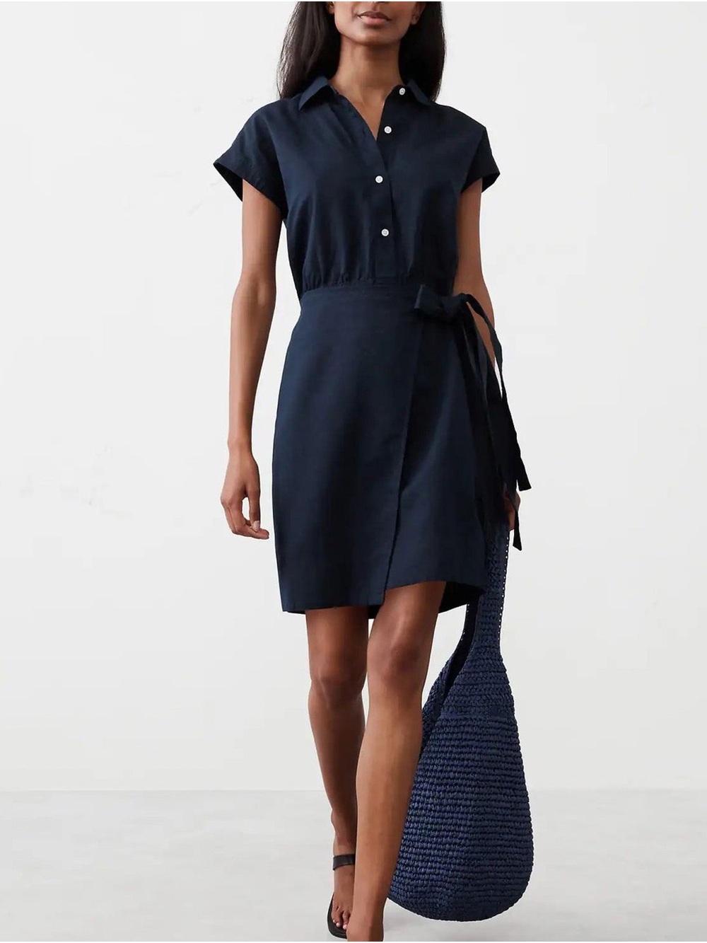 Banana Republic Navy Short-Sleeve Linen Dress with Side Tie size M